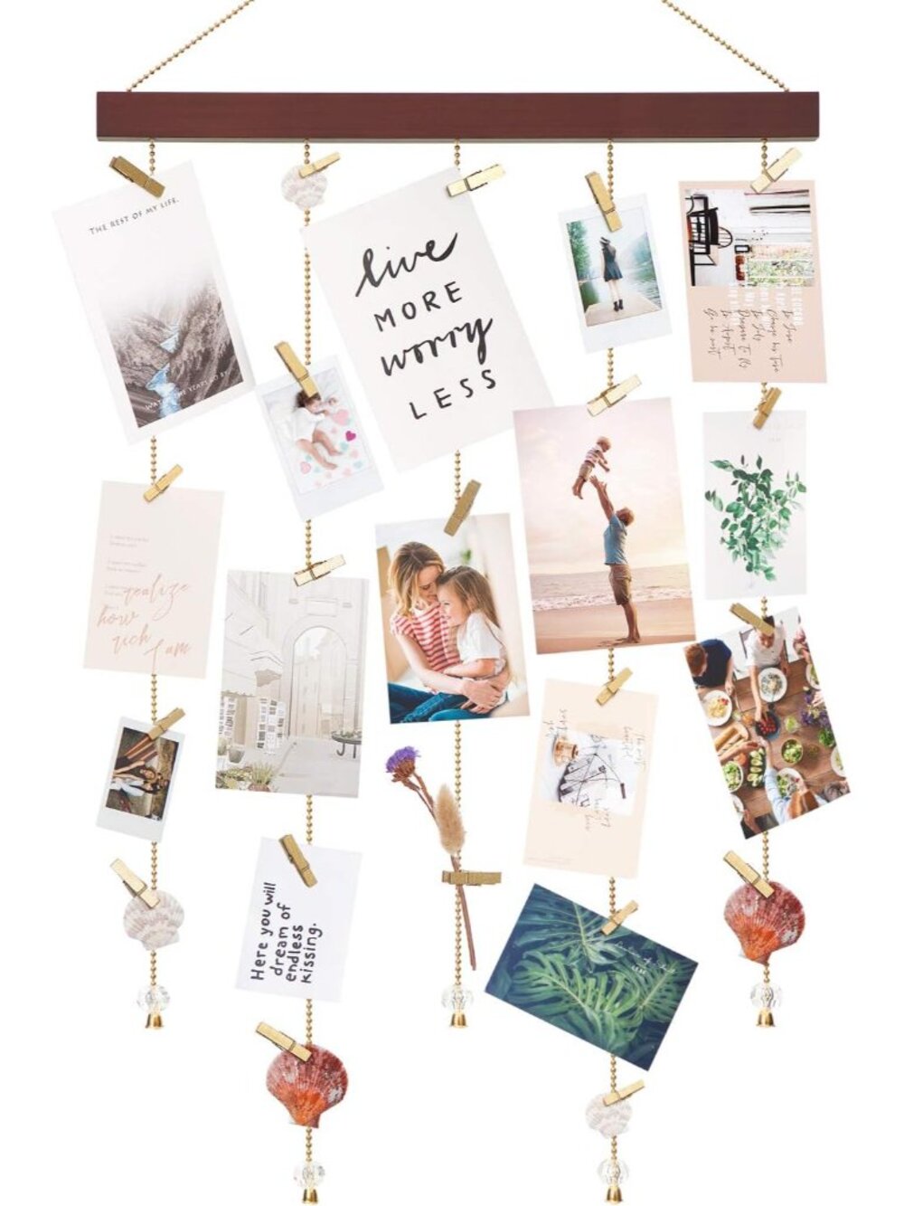 Hanging Photo Display, 25 Wood Clips Greeting Card Holder, 33"x16.5"